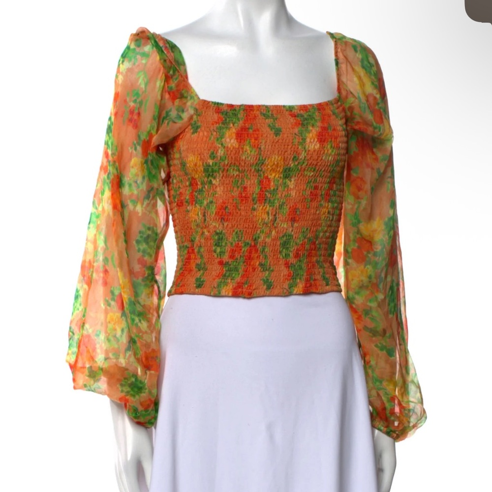 Caroline Constas Orange and Green Smocked Top Medium